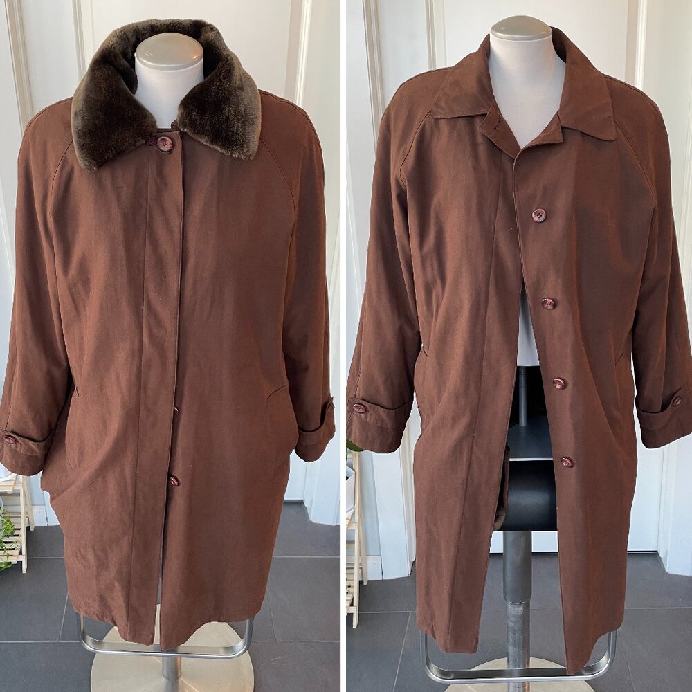Brown Vintage Long Coat with Detachable Fur Collar, Dropped shoulders long jacke
